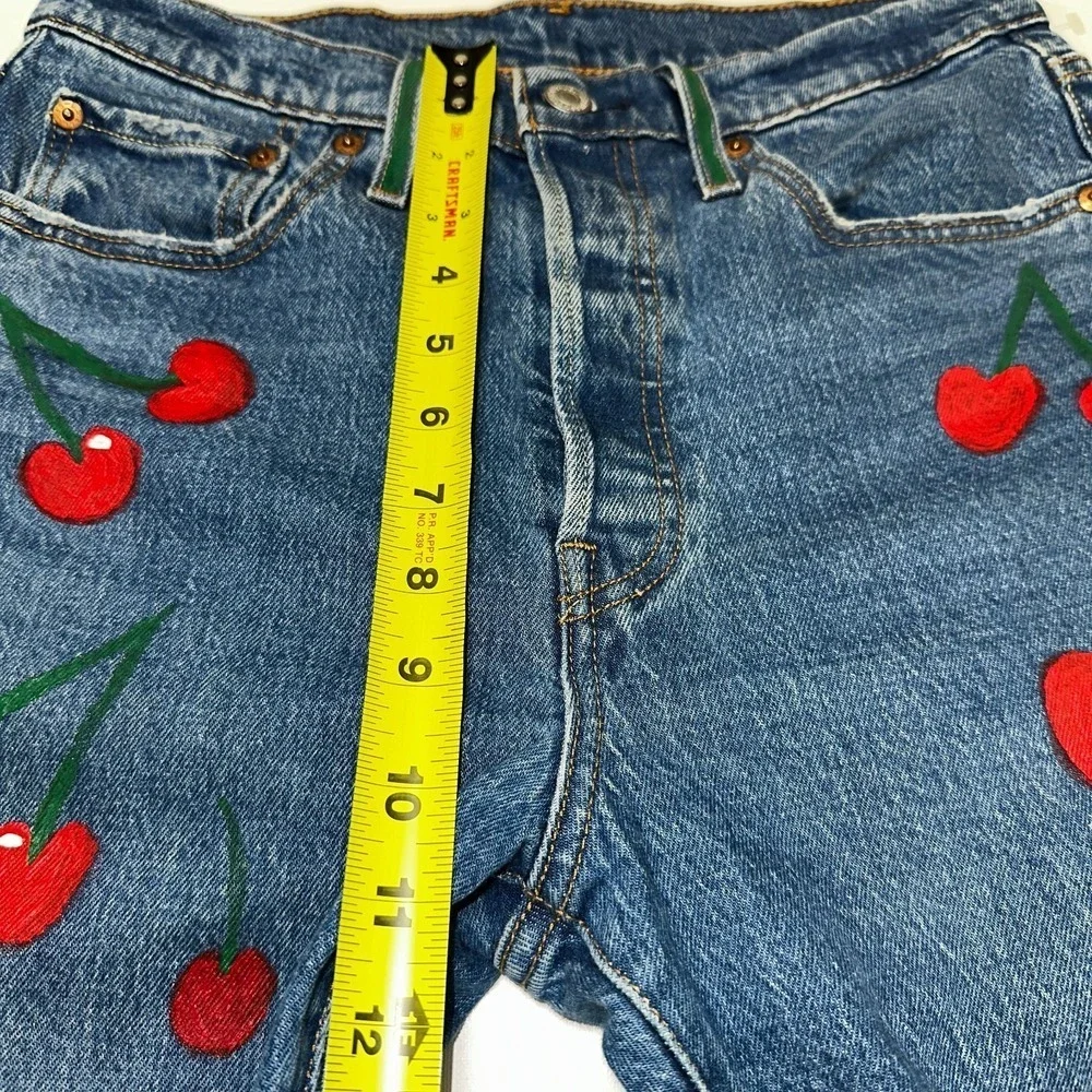 Levi's 501 Women Jeans‎ Button Fly Skinny Custom Handpainted Cherry French W28